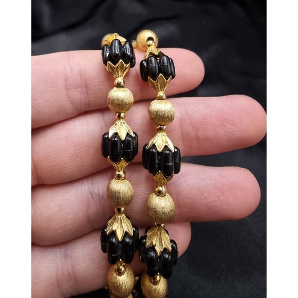 Vintage 1970s Gold & Black Double Strand Beaded Choker Necklace - Picture 5 of 6